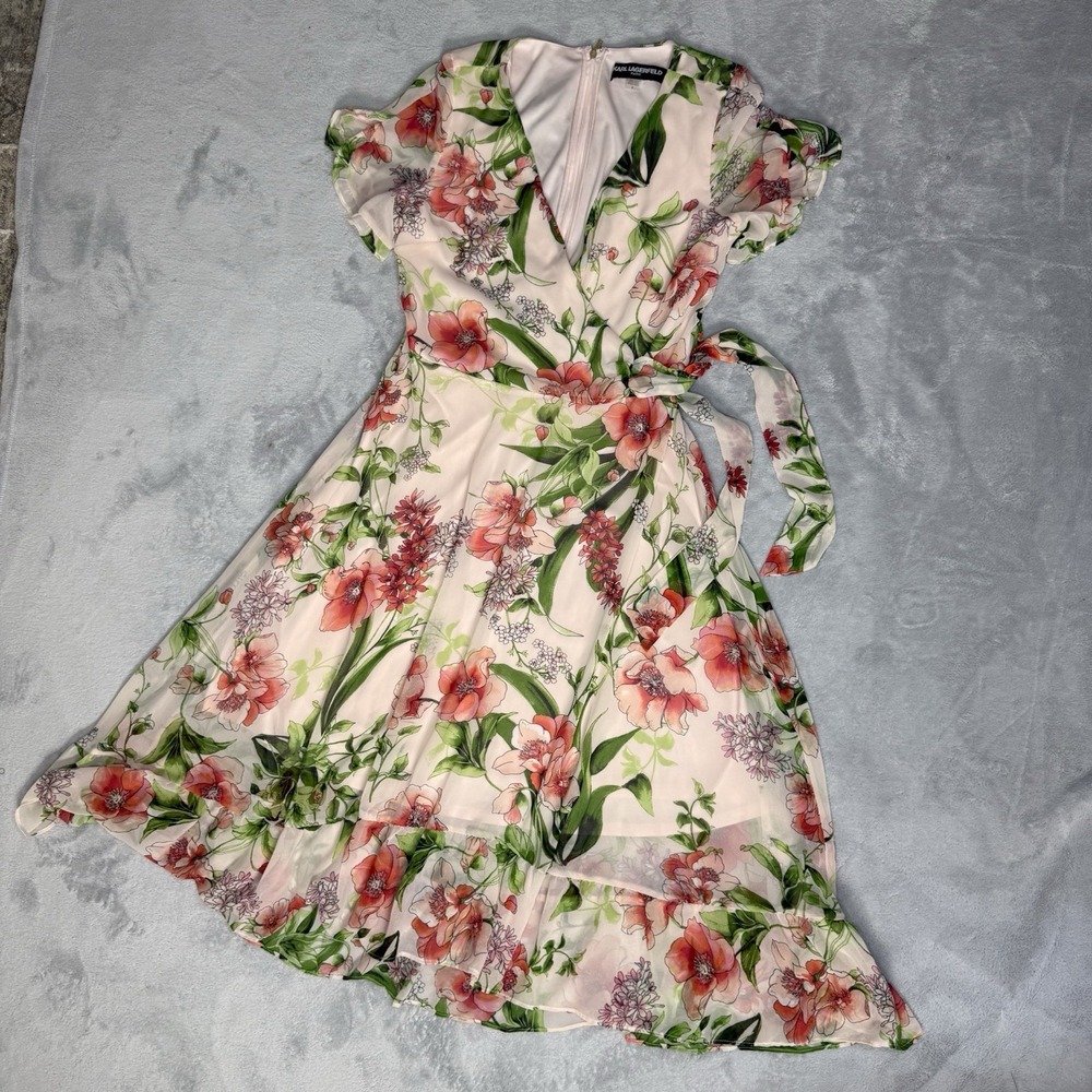 Karl Lagerfeld Paris Floral Midi Dress Women 8 Pink Green Ruffle Tie Waist